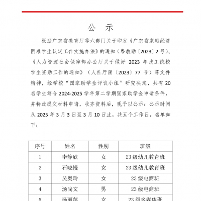 2024-2025學(xué)年第二學(xué)期國(guó)家助學(xué)金推薦公示